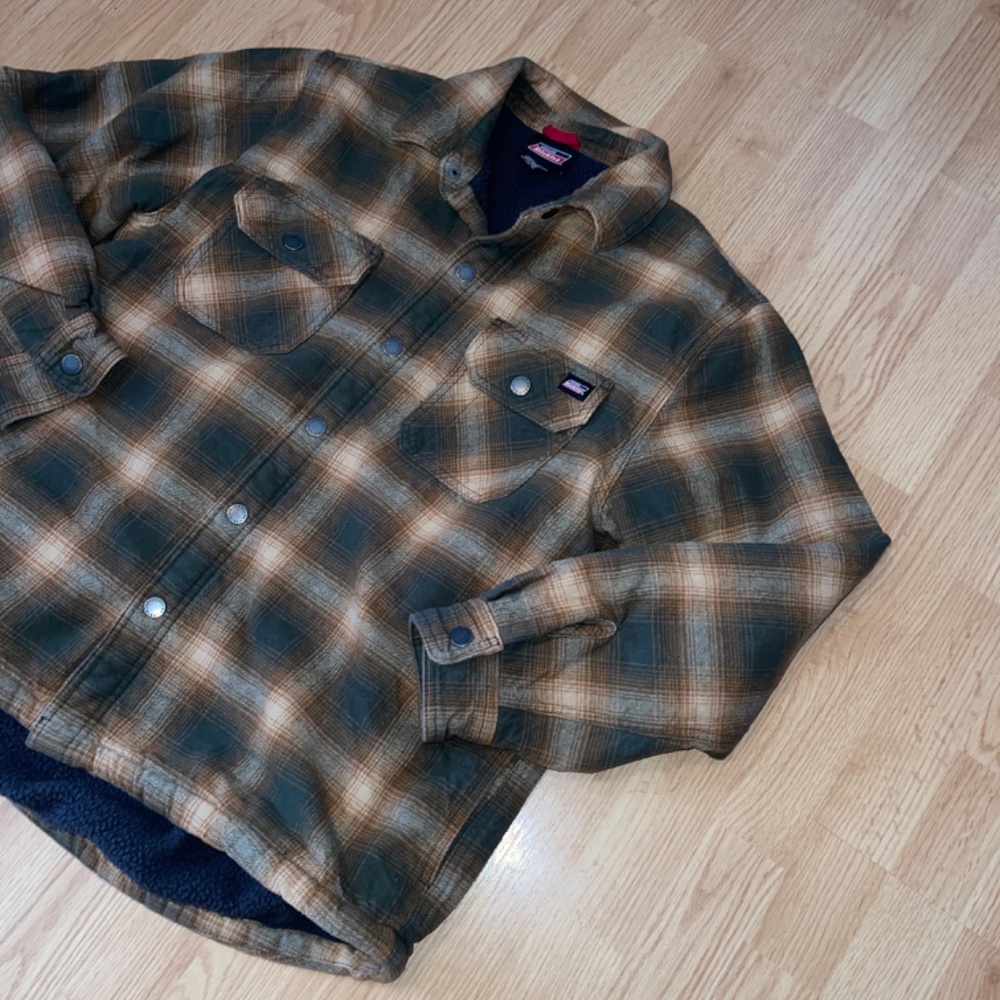 Dickies Flannel Green & Orange Plaid Fleece Lined Snap Button Jacket / Coat - Picture 2 of 9